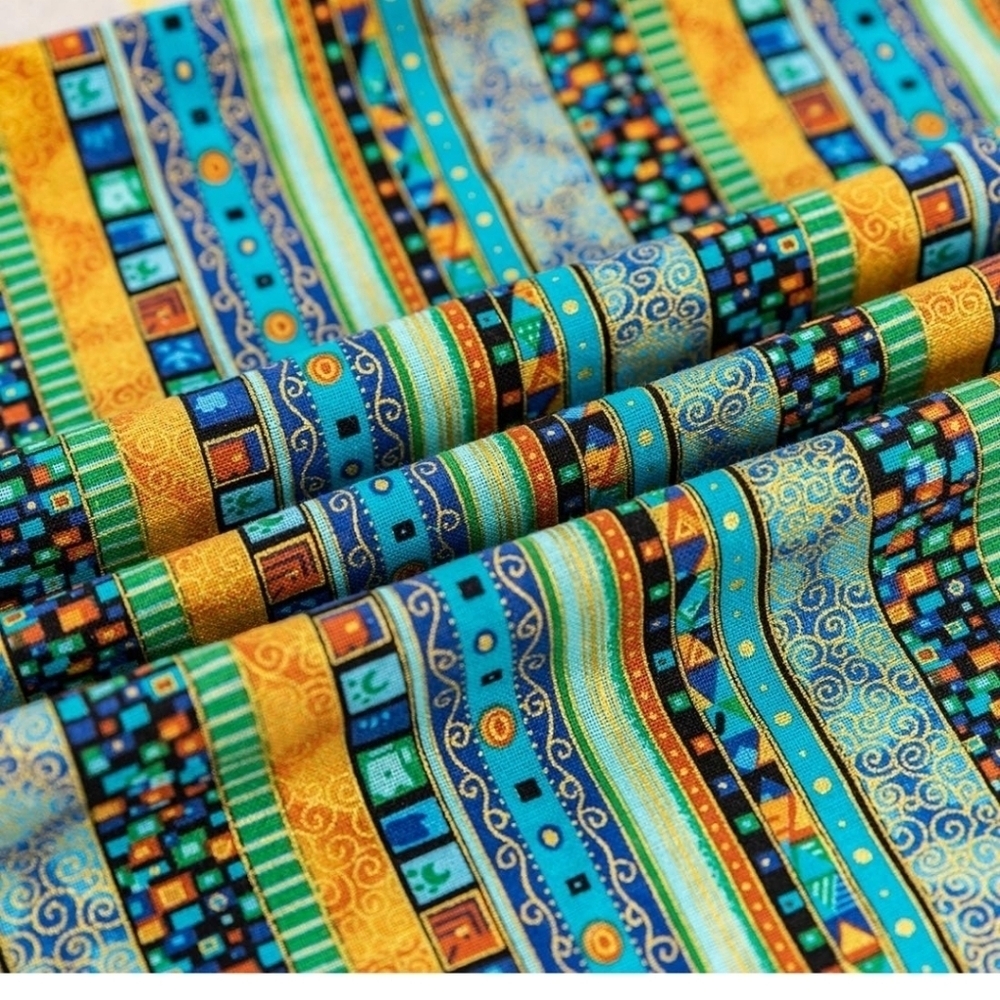 Blue & yellow stripe bohemian linen blend curtain panels (2) - Picture 1 of 7